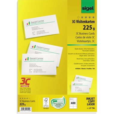 Visitenkarten Sigel LP796 3C 85x55mm, 225g, Glatter Schnitt Rundum