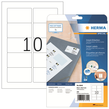 Etikett Herma 8840 83,8x50,8mm Ink. rund A4 250 Etikettenn