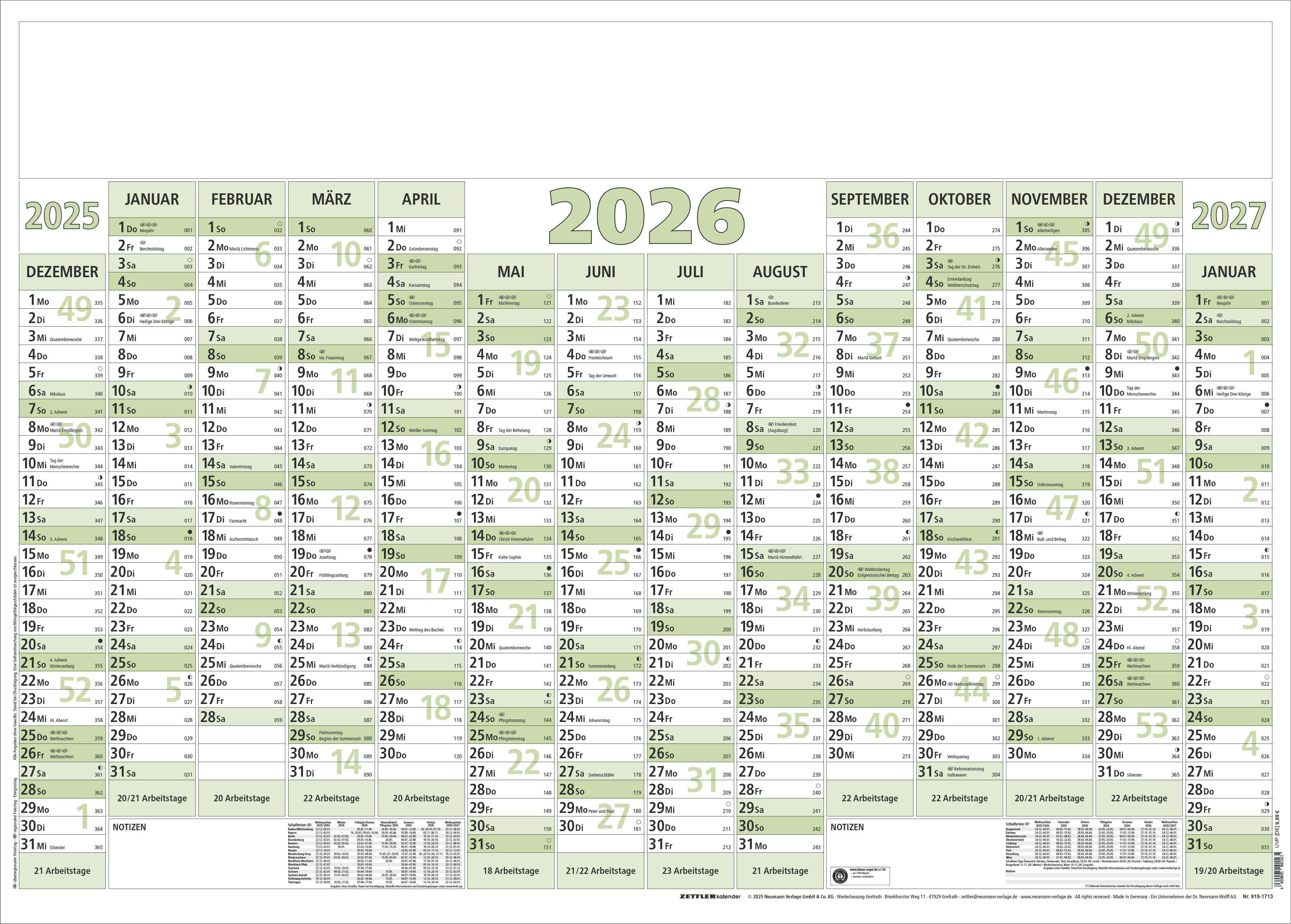 Plakatkalender Zettler 919-0713 88x63cm 12m/1s, Sonn-und Feiertage Hervorgehobe