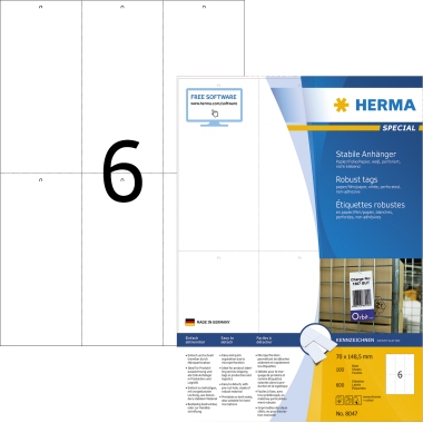 Etikett Herma 8047 70x148,5mm weiß Stabile Anhänger, Inkjet-, Laser-, Kopie