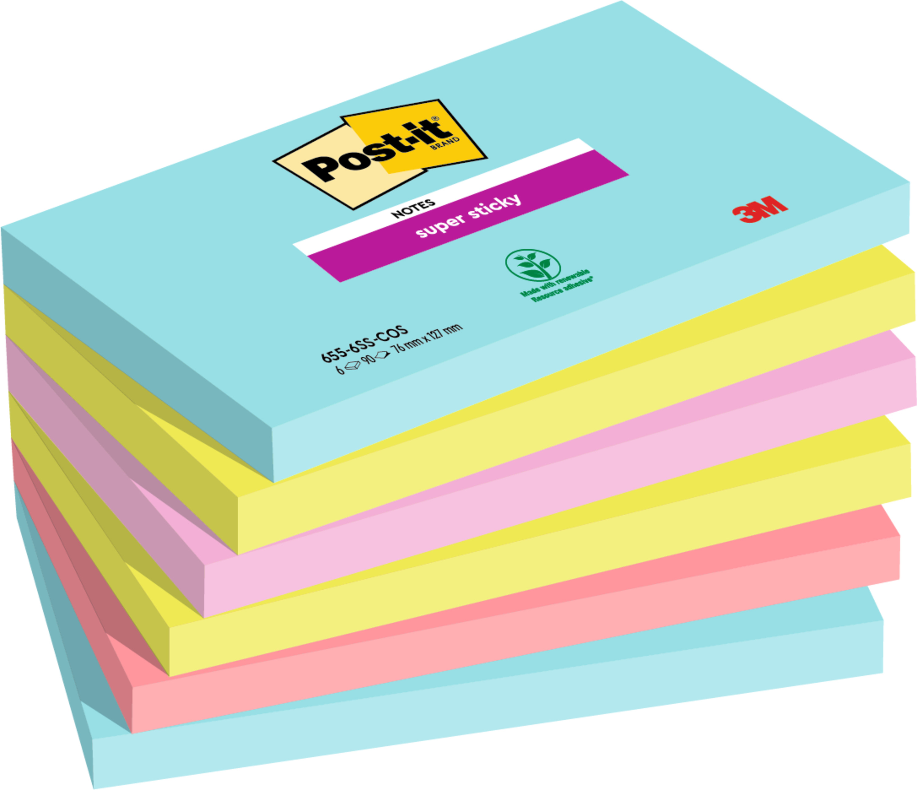 Haftnotiz Post-It 6556SS 127x76mm Türkis,neongrün,tropicalpink,guavapink