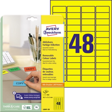 Etikett Avery Zweckform L6041-20 45,7x21,2 gelb ablösbar 960 St.