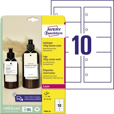 Anhänger Avery Zweckform T1001-10 90x50mm weiß Karton 185g 10 Stück
