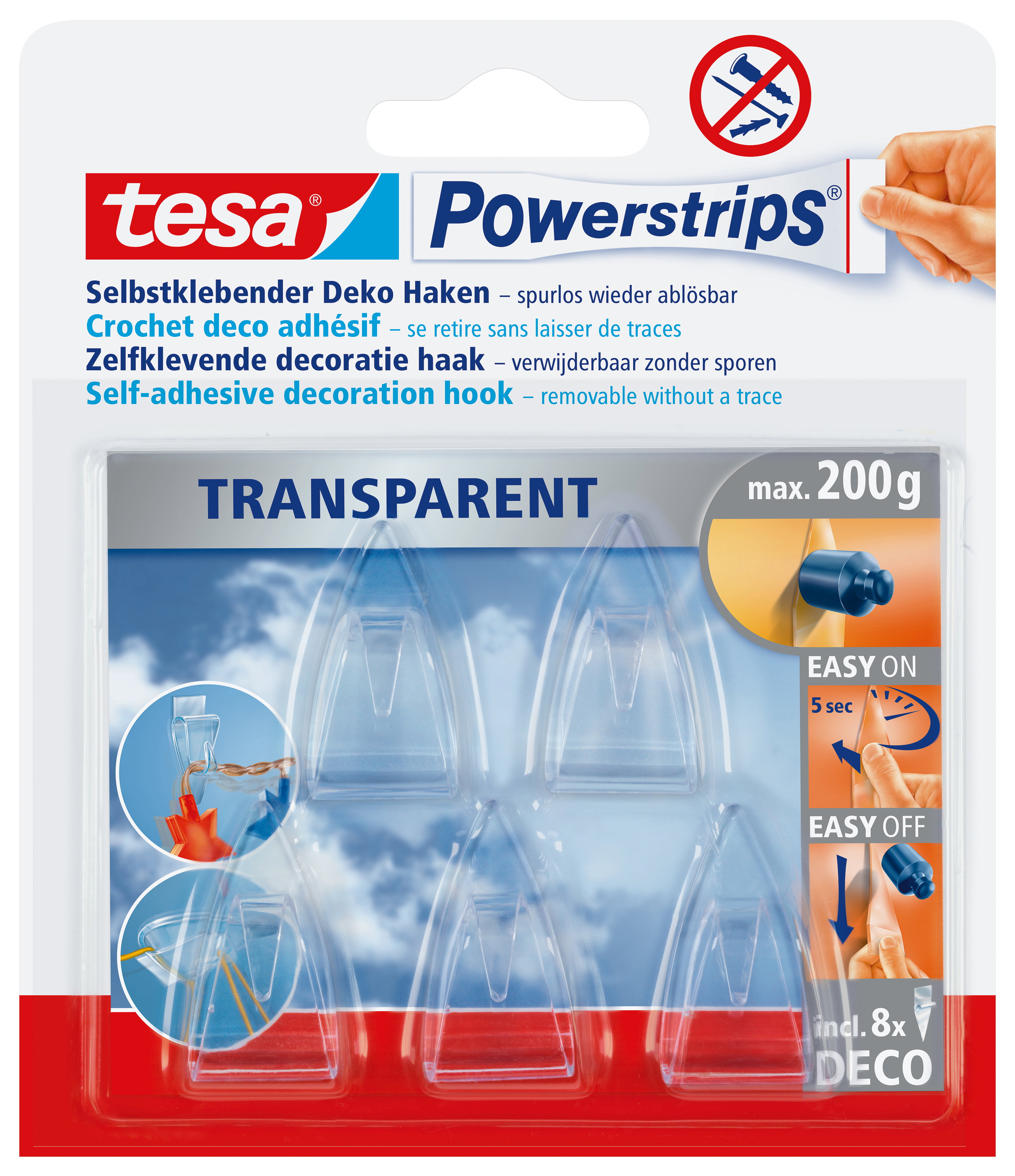 Powerstrips Tesa 58900 Haken transparent Inhalt 5 , 8 Strips, Max. 200g