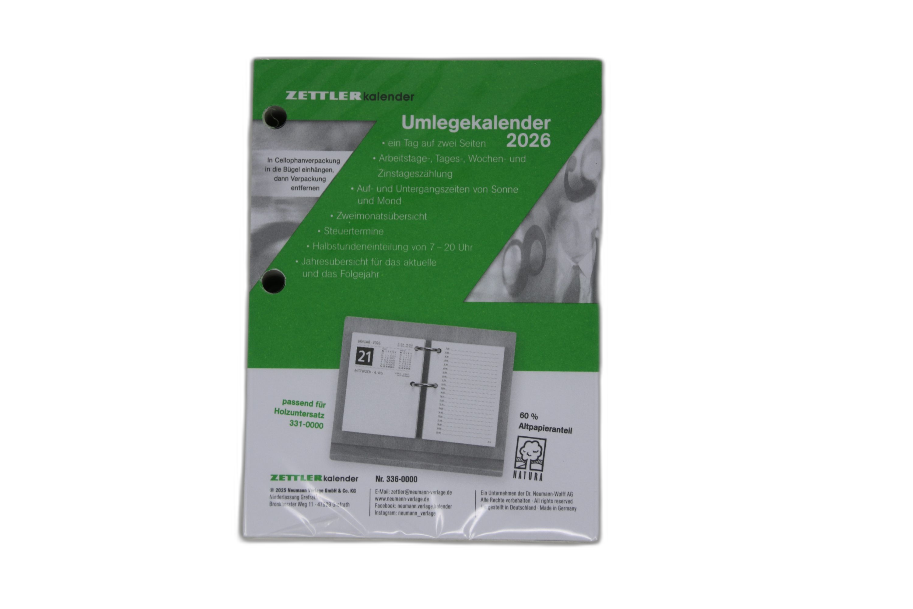 Umlegekalender Zettler 336 2S/1T 8x11cm, 7-20 Uhr, 384 Blatt, 3,8cm Locha