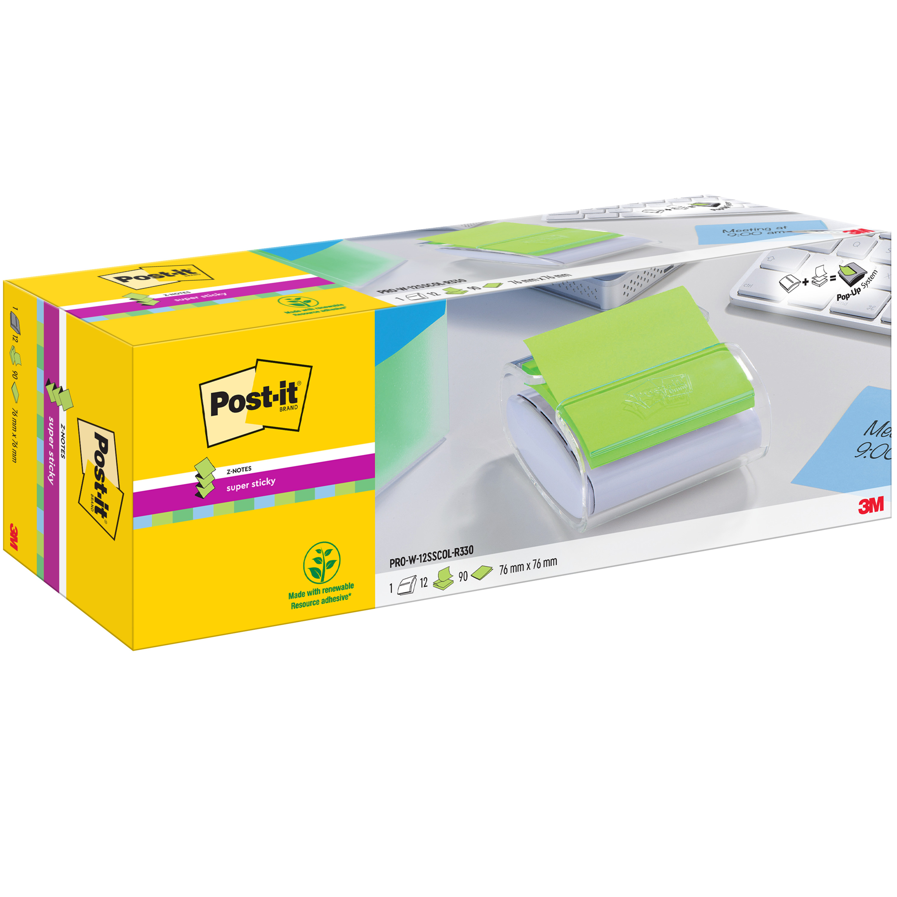 Haftnotiz Post-it PRO-W12N Z-Notes Spender+12 Super Sticky sort. 76x76mm