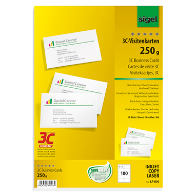 Visitenkarten Sigel LP800 3C 85x55mm, 250g, Glatter Schnitt Rundum