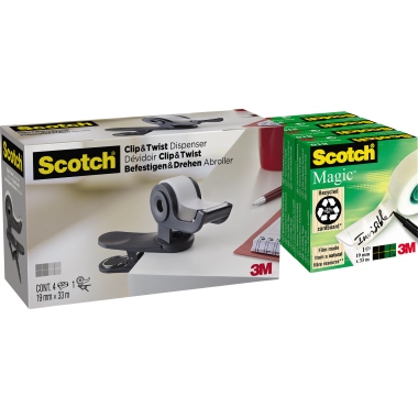 Clip-Tischabroller Scotch grau 33mx19mm inkl. 4x Klebeband Scotch Magic