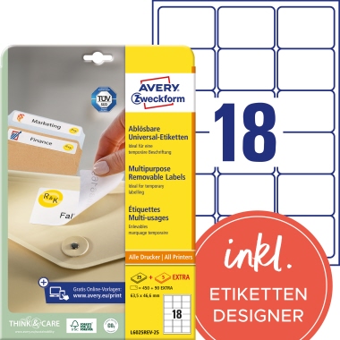 Etikett Avery Zweckform L6025REV-25 63,5x46,6mm weiß ablösbar 540 St.