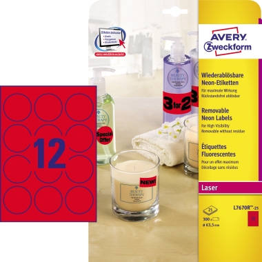 Etikett Avery Zweckform L7670R-25 63,5mm neonrot 300 St. 