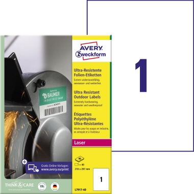 Etikett Avery Zweckform L7917-40 210x297mm weiß Folie ultraresistent 40 St.