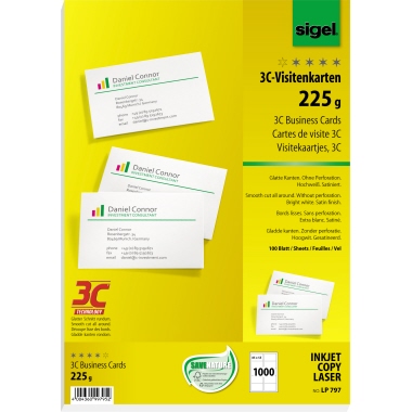 Visitenkarten Sigel LP797 3C 85x55mm, 225g, Glatter Schnitt Rundum