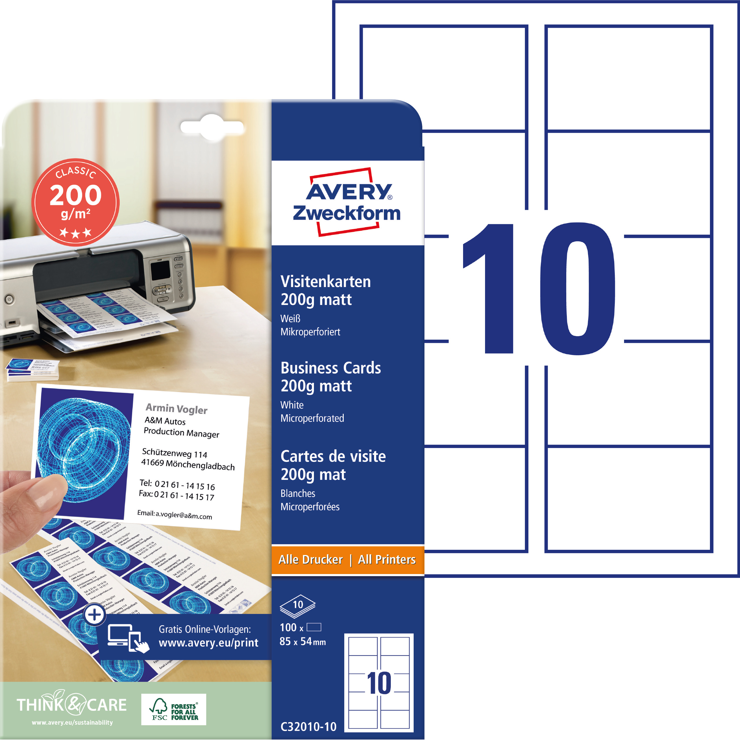 Visitenkarten Avery Zweckform C32010-10 weiß 185g 100 Stück