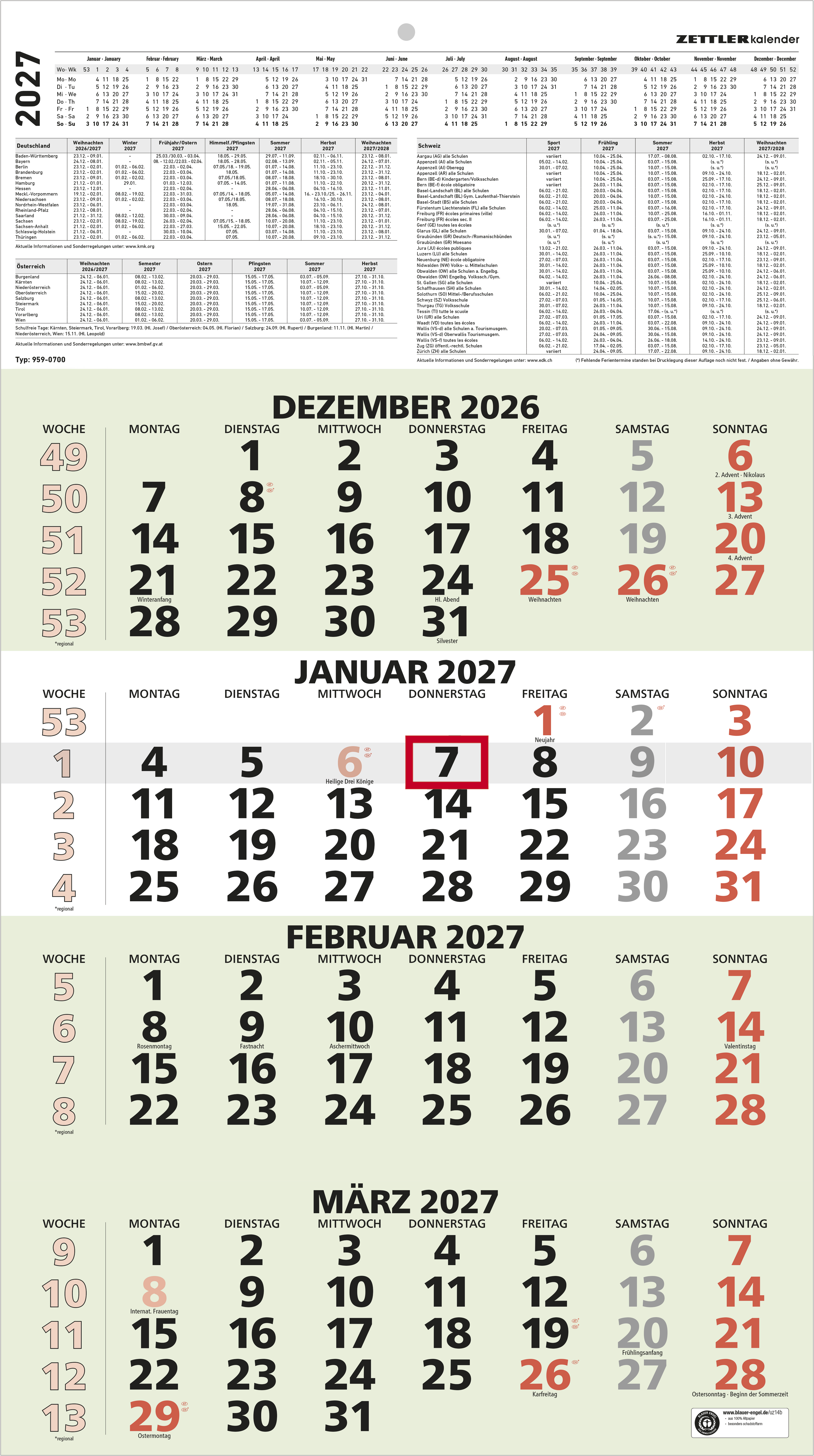 Viermonatskalender Zettler 959-0700 UWS 