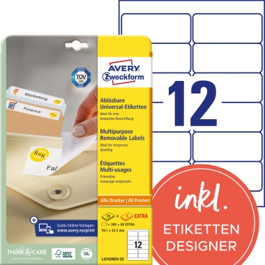 Etikett Avery Zweckform L4743REV-25 99,1x42,3 weiß ablösbar 360 St. Etikett Avery Zweckform L4743REV-25 99,1x42,3 weiß ablösbar 360 St.