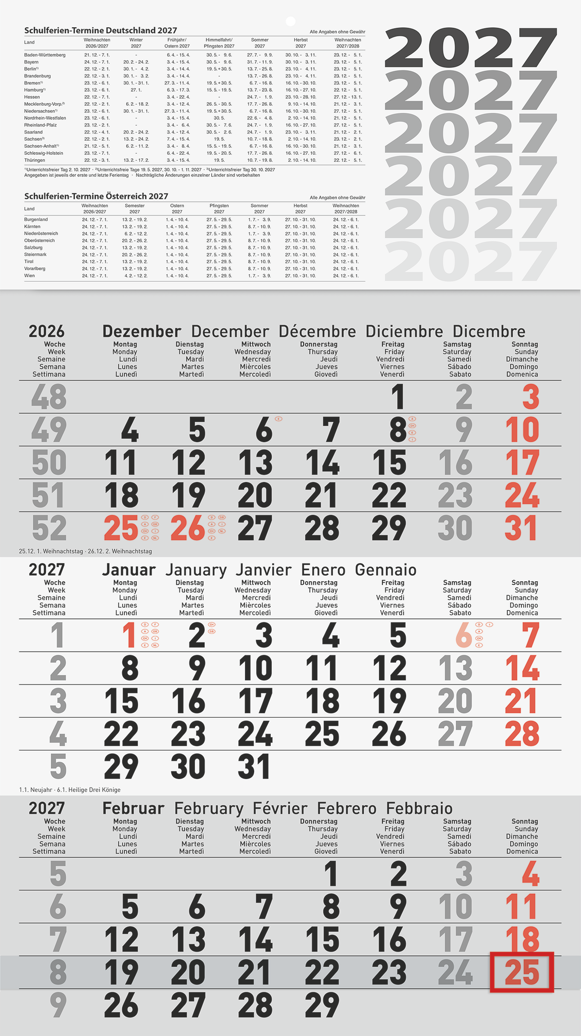 Dreimonatskalender 60114 30x48cm 