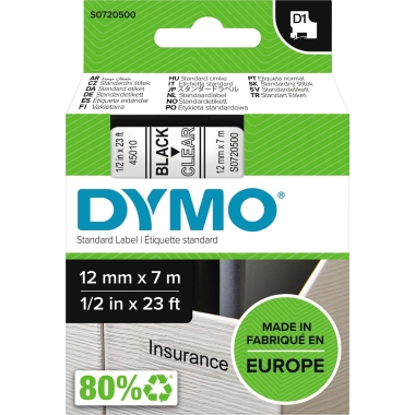 Schriftband Dymo 45010 farblos/schwarz Breite 12 Mm, Länge 7 M