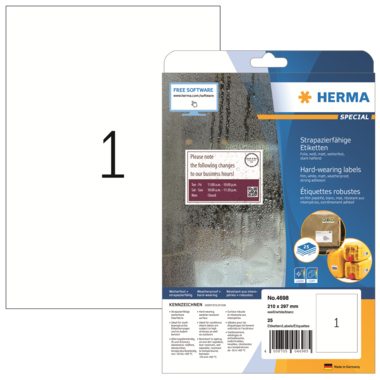 Etikett Herma 4698 210x297mm weiß A4 25 Blatt, Strapazierfähig