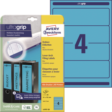 Rückenschild Avery Zweckform L4767-20 PC blau breit/kurz, selbstklebend, 80 St.