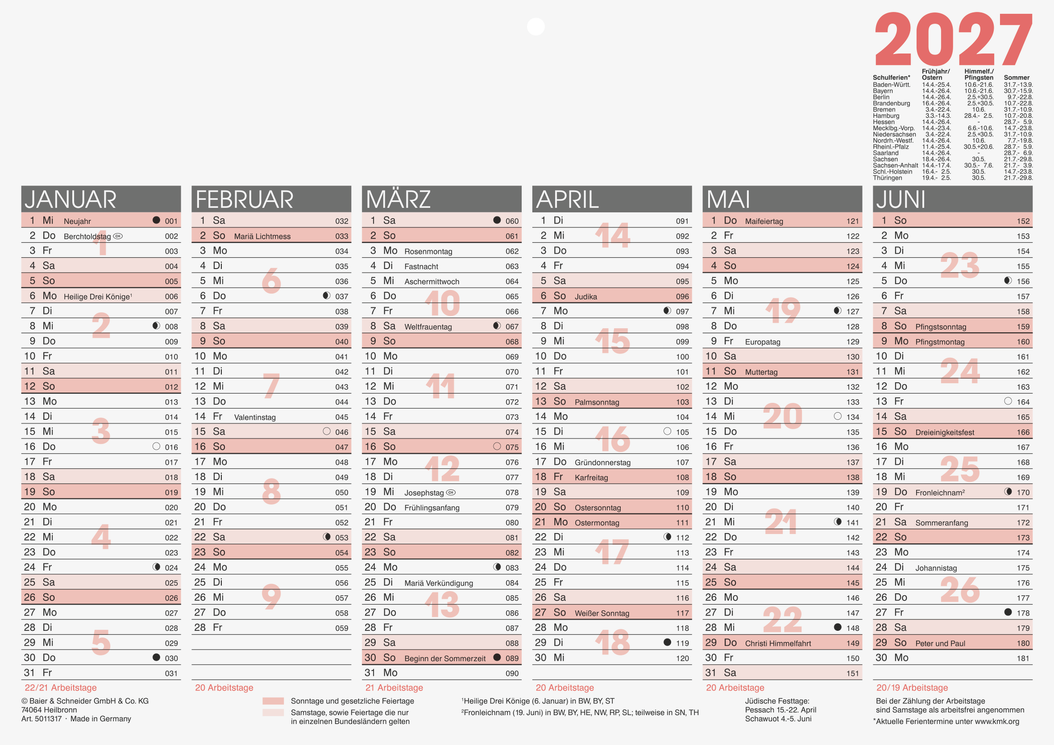 Tafelkalender A4 50-11317 1S/6M zweifarbig mit Tageszählung