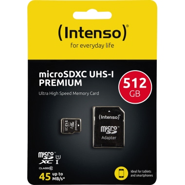 microSDXC Card INTENSO 512GB 3423493 SD-Adapter (r) 45MB/s (w) 10MB/s