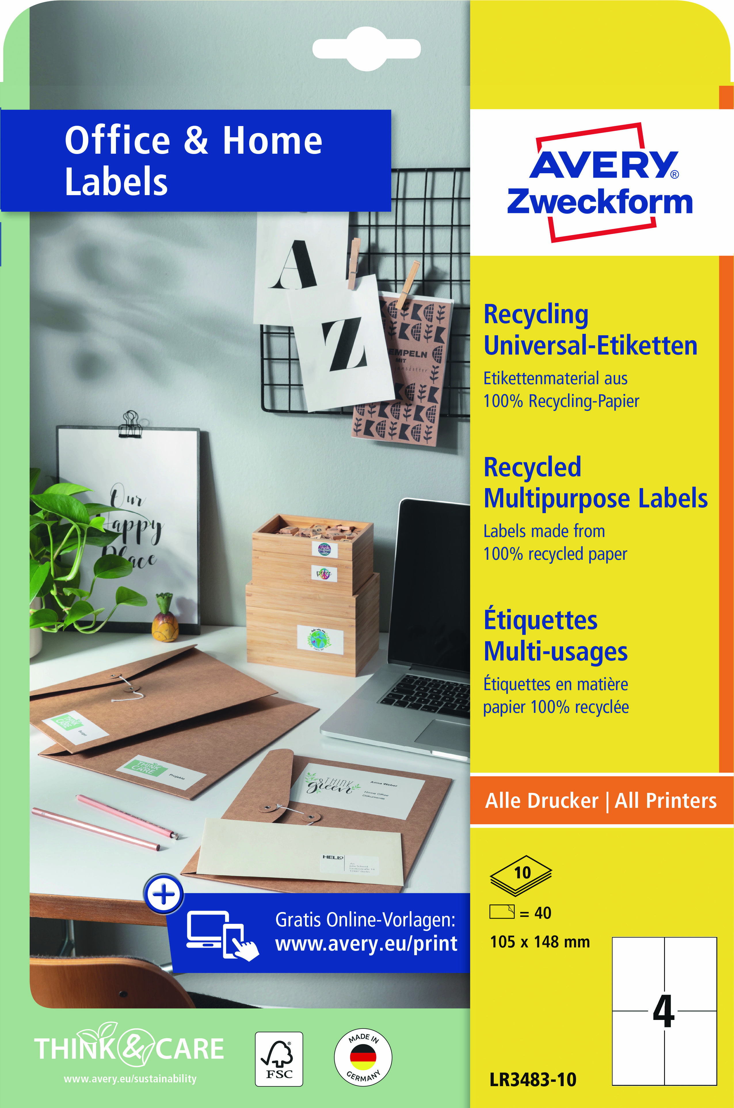 Etikett Zweckf. LR3483-10 105x148mm weiß Inkjet-, Laser- U. Kopier, Recycling