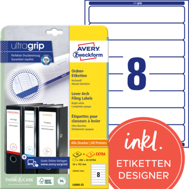 Rückenschild Avery Zweckform L6060-25 PC weiß schmal/kurz, selbstklebend, 240 St.