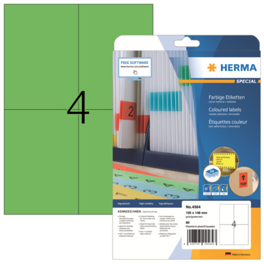 Etikett Herma 4564 105x148mm grün Ablösbar, Matt, Für Inkjet-, Laser- Farb