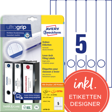 Rückenschild Avery Zweckform L4758-25 PC weiß schmal/lang, selbstklebend 150 St.