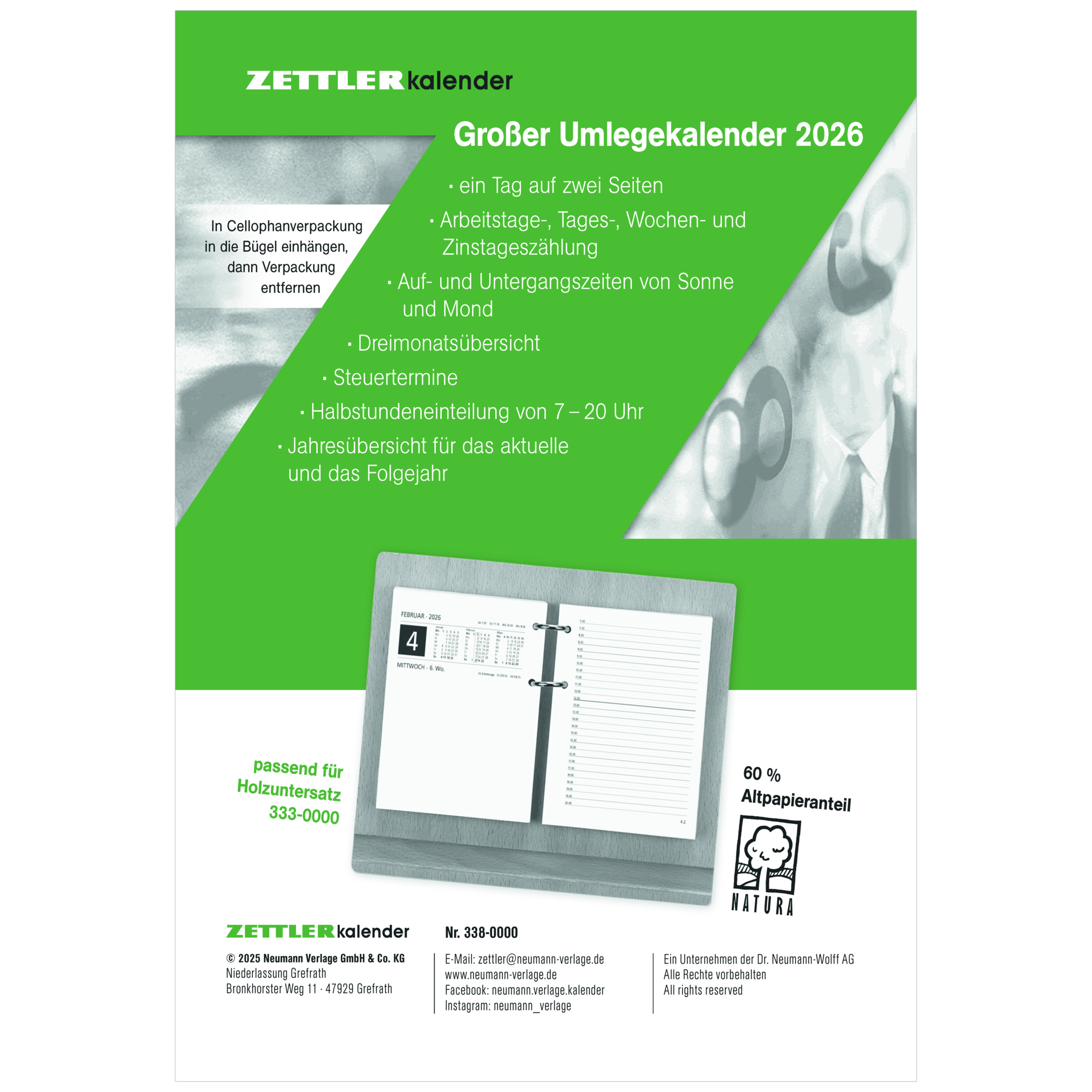 Umlegekalender ZETTLER 338 2 Seiten / 1 Tag 11x15cm