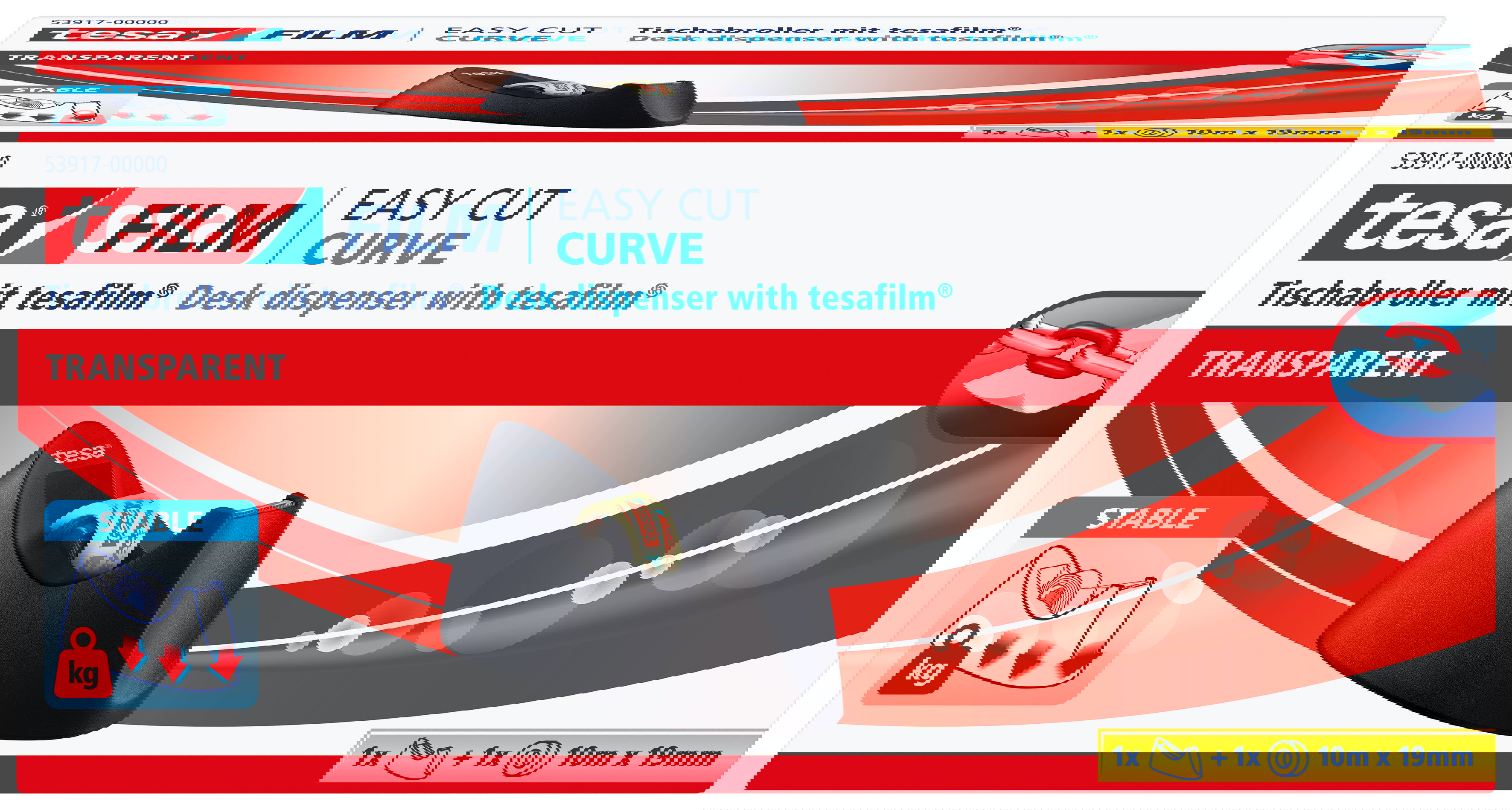 Tischabroller Tesa 53917 Curve Easy Cut +1 Rolle Film® Transparent 10m:19mm