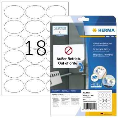 Etikett Herma 4358 63,5x42,3mm oval weiß Inkjet-, Laser- u. Kopier