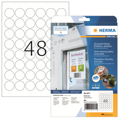Etikett Herma 4571 Ø30mm weiß Wetterfest, Folie, Ablösbar, Matt, Für L