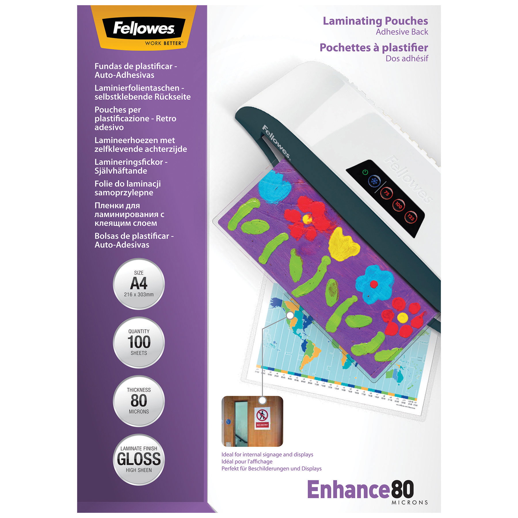 Folientasche FELLOWES A4 228X303mm 80my y glänzend 100 St/Pack selbstklebend