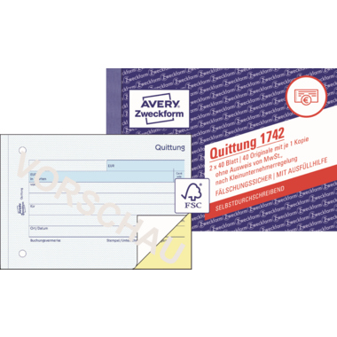 Quittung Zweckf. 1742 SD A6 quer für Kleinunternehmer Ohne Mwst, Selbstdu