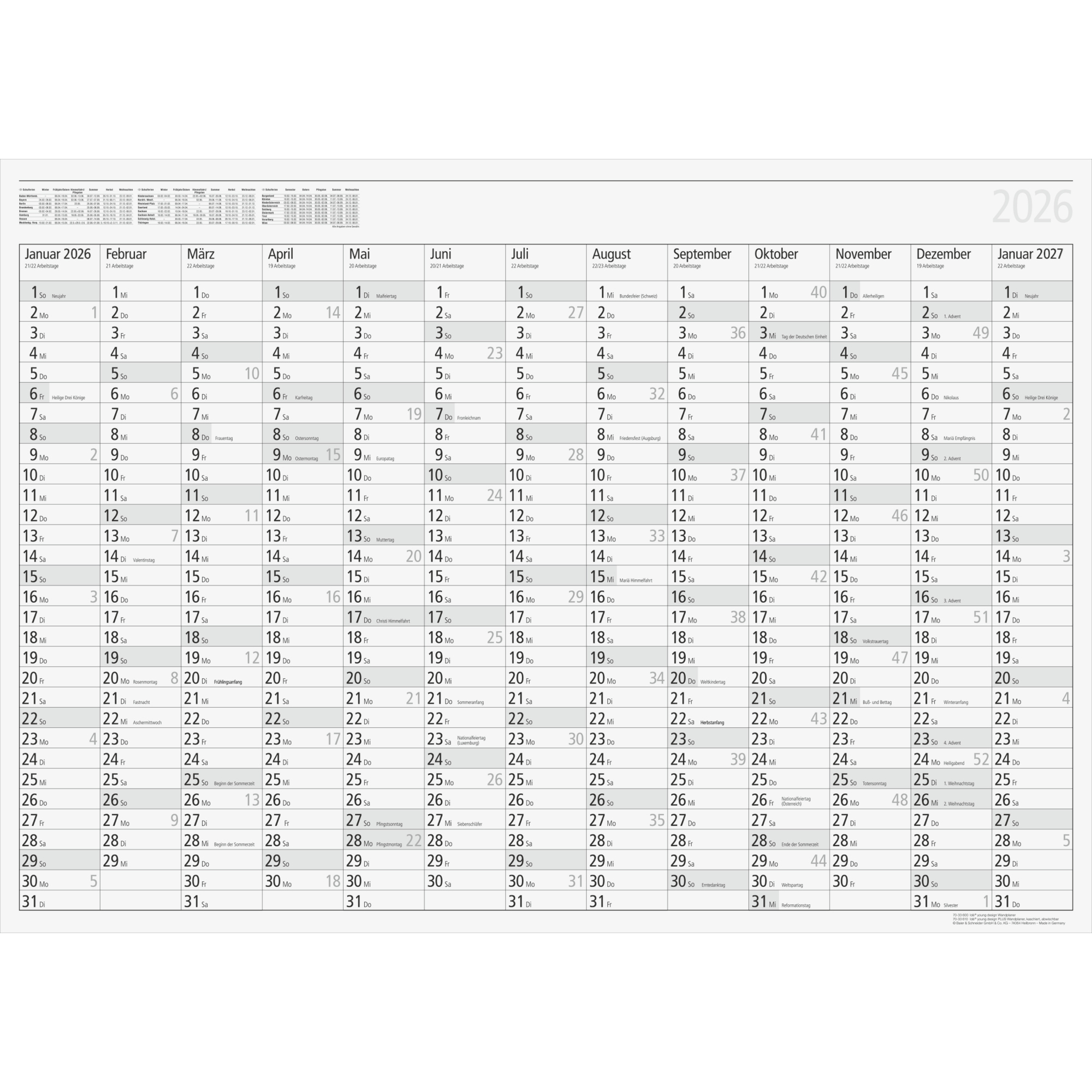 Wandkalender Young 7033610 86x61cm 1s/13m, Schwarz/grau, 130g/m²