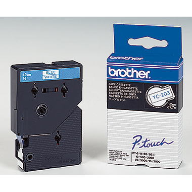 Schriftband Brother TC203 weiß/blau Breite 12mm, Länge 7,7m