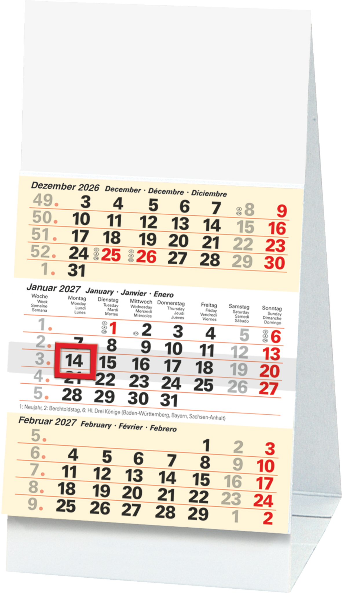 Dreimonatstischkalender Brunnen 70211 9,7x19cm, viersprachig: deutsch, engl.
