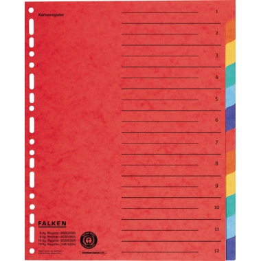 Register Falken A4 blanko 12tlg. farbig Karton, Überbreite, Volle Höhe