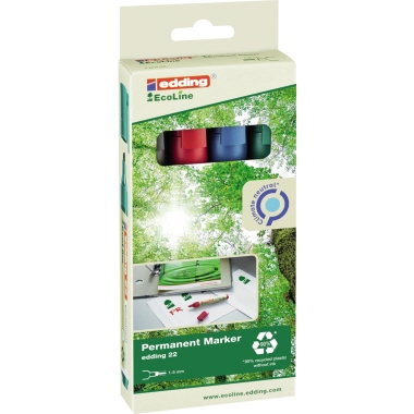 Permanentmar. Edding 22 EcoLine 4er Etui Sortiert In Farbe Rot, Blau, Grün Schwa