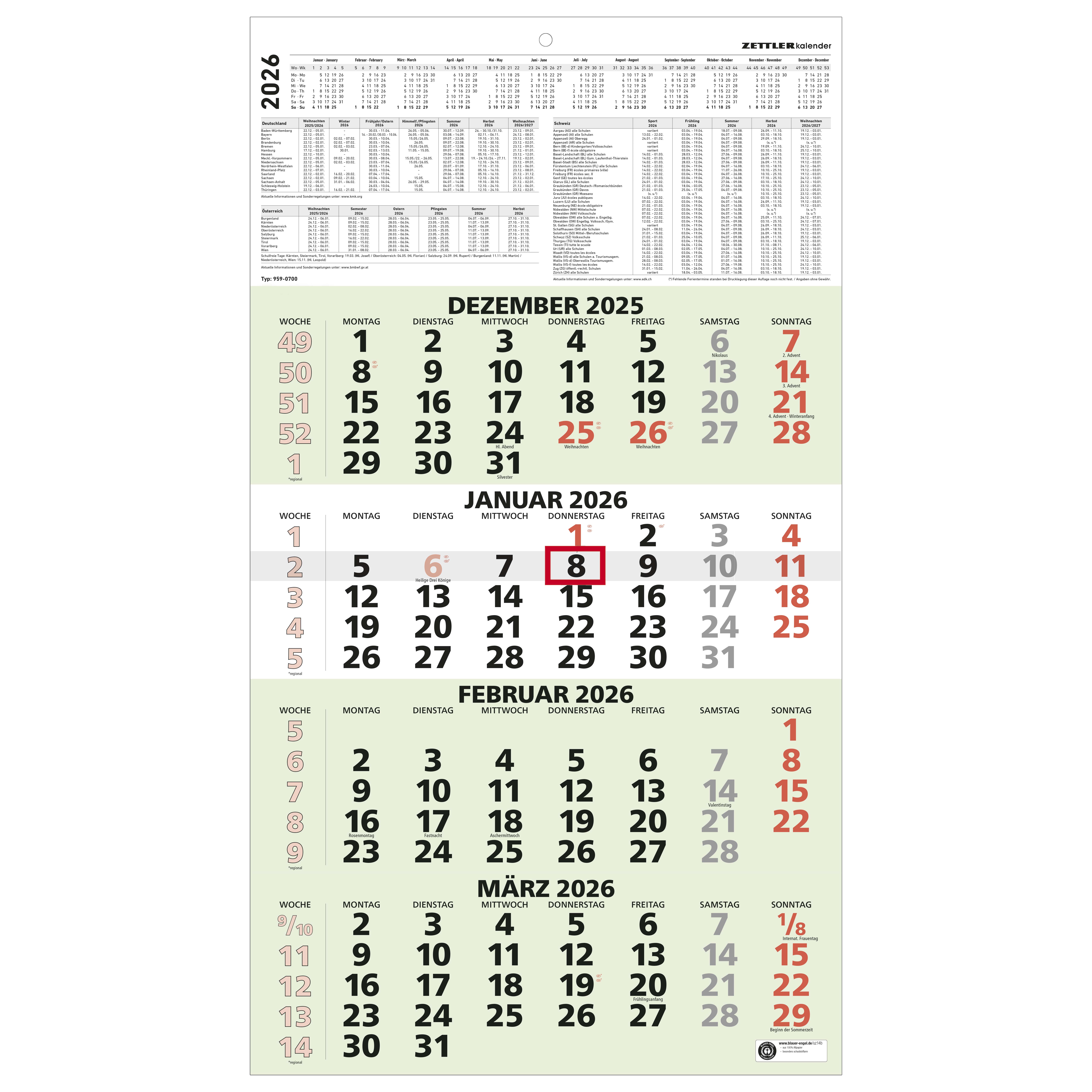 Viermonatskalender Zettler 959-0700 UWS 