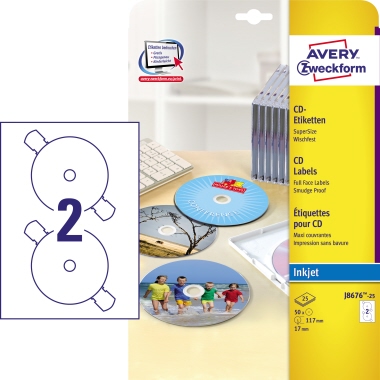 Etikett CD Zweckf. J8676-25 117mm weiß Inkjet
