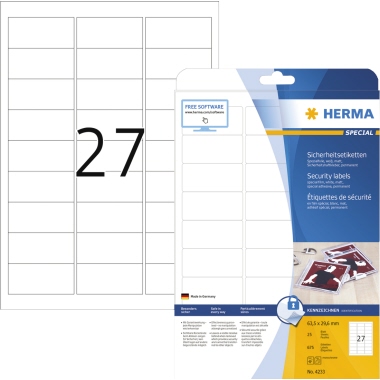 Etikett Herma 4233 63,5x29,6mm weiß Sicherheitsen, Extrem Stark Haftend,