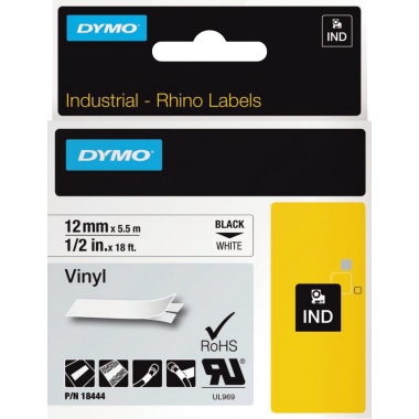 Schriftband Dymo 18444 12mmx5,5m Vinyl Schwarz Auf WEIß