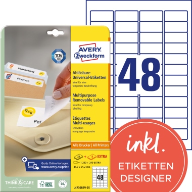Etikett Avery Zweckform L4736REV-25 45,7x21,2 mm weiß ablösbar 1.440 St.