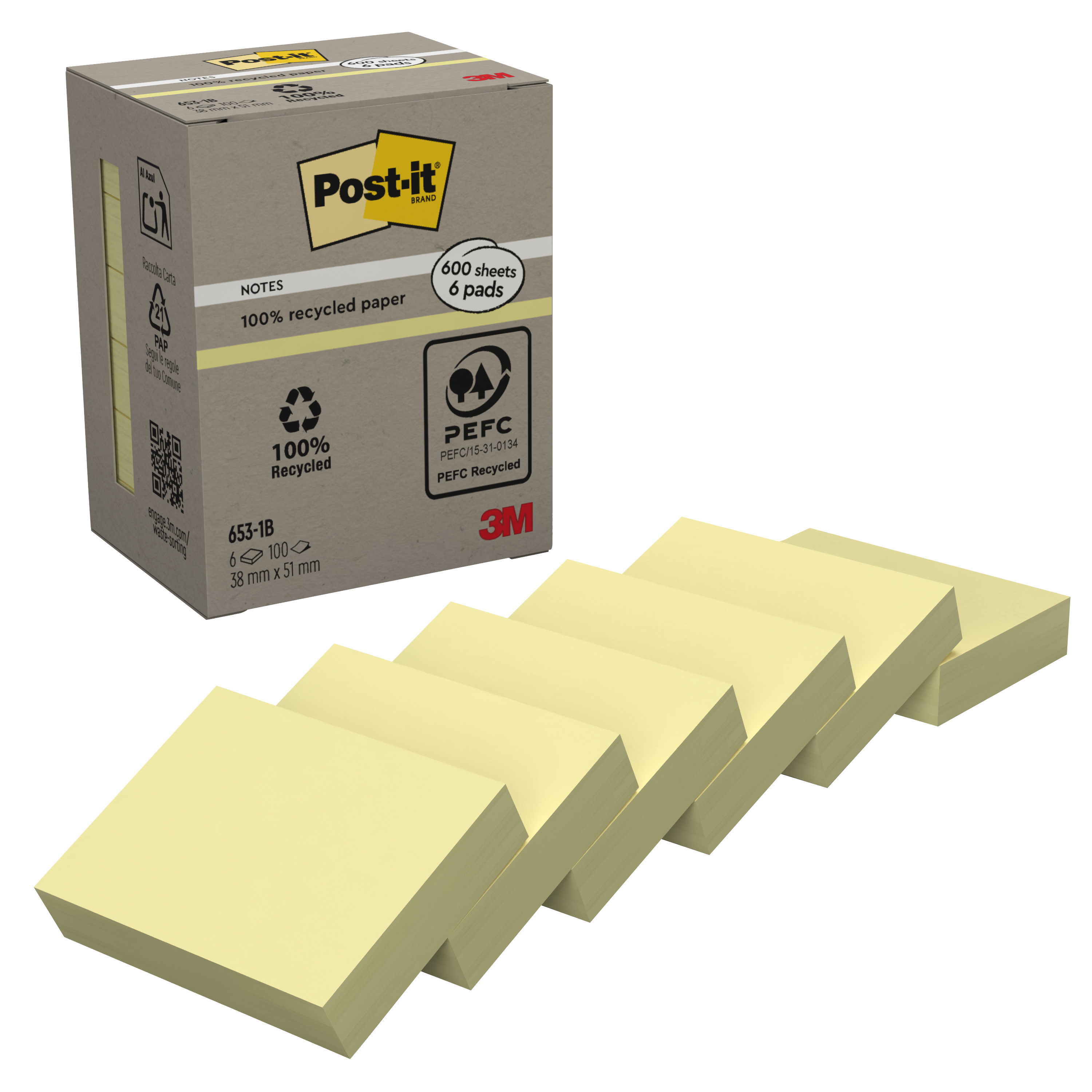 Haftnotiz Post-It 653-1B 38x51mm rec. Gelb Recycling Gelb