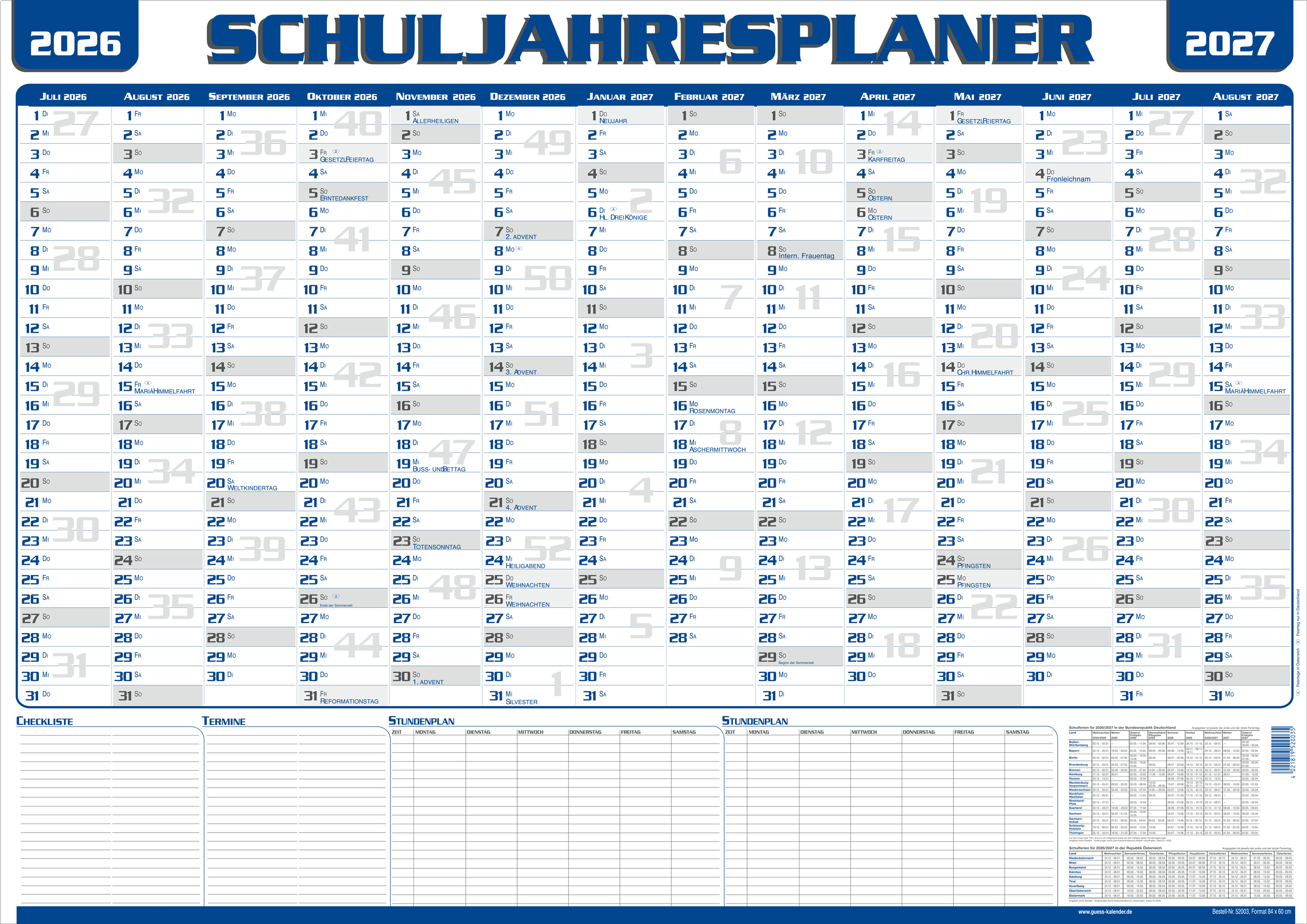 Schuljahresplaner Güss 52003 14M 60x84cm Juli Bis August Folgejahr, mit