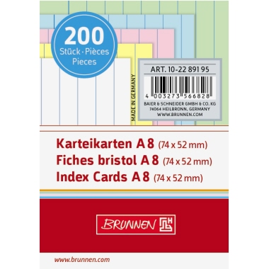 Karteikarten BRUNNEN 10228 A8 liniert sortiert 100 Stück Karteikarten BRUNNEN 10228 A8 liniert sortiert 100 Stück