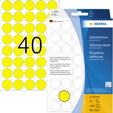 Etikett HERMA 2251 Ø-19mm gelb Markierungspunkte 1.280 St.