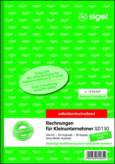 Rechnung f. Kleinunternehmer Sigel SD130 ohne MwSt.-Ausweis A5 2x30 Blatt